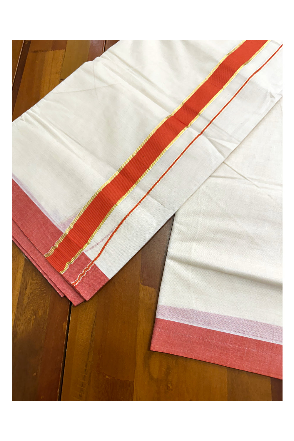 Pure Cotton Off White Double Mundu with Kasavu and Orange Kara (South Indian Kerala Dhoti)