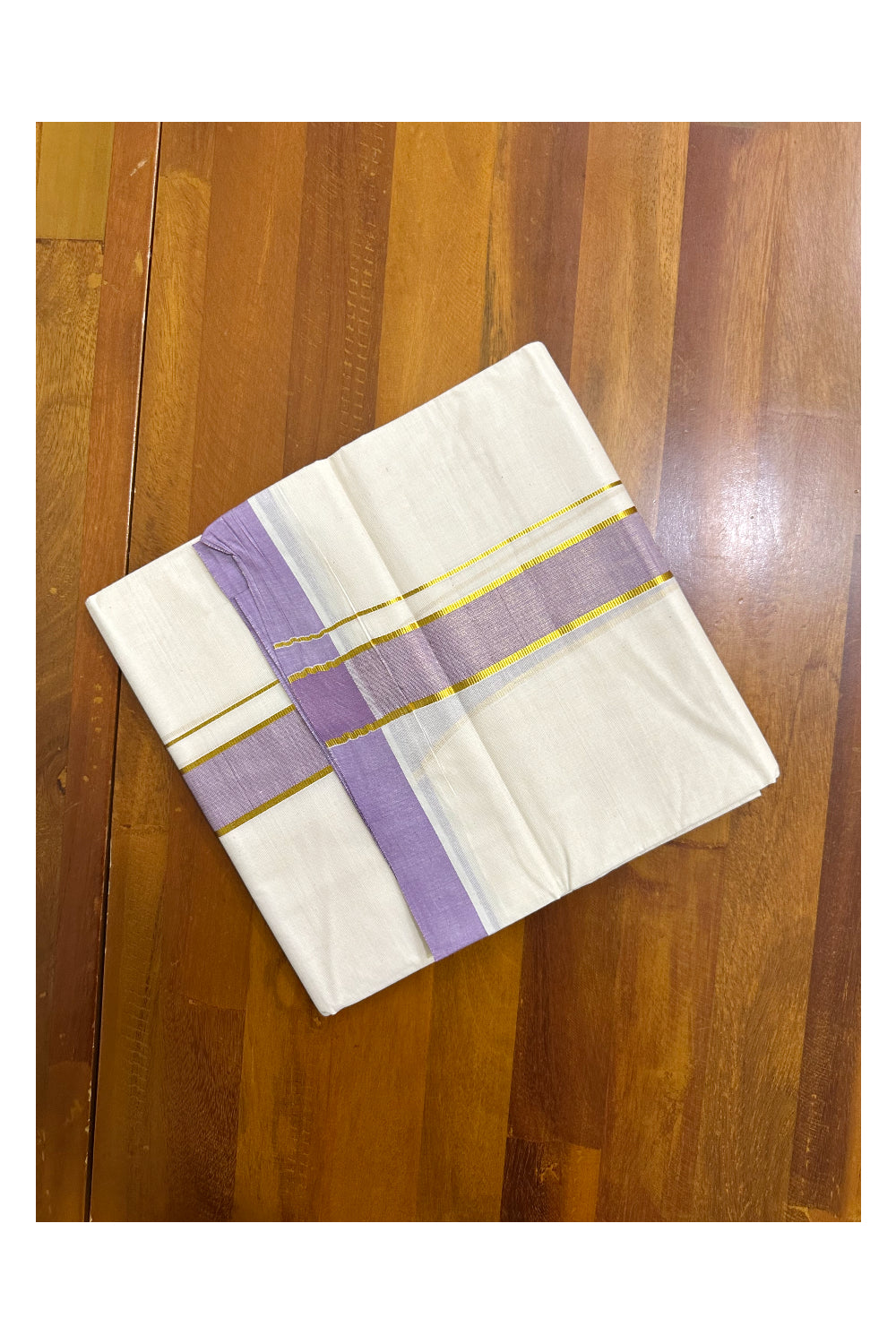 Pure Cotton Off White Double Mundu with Kasavu and Lavender Kara (South Indian Kerala Dhoti)