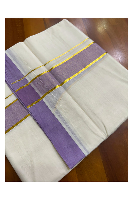 Pure Cotton Off White Double Mundu with Kasavu and Lavender Kara (South Indian Kerala Dhoti)