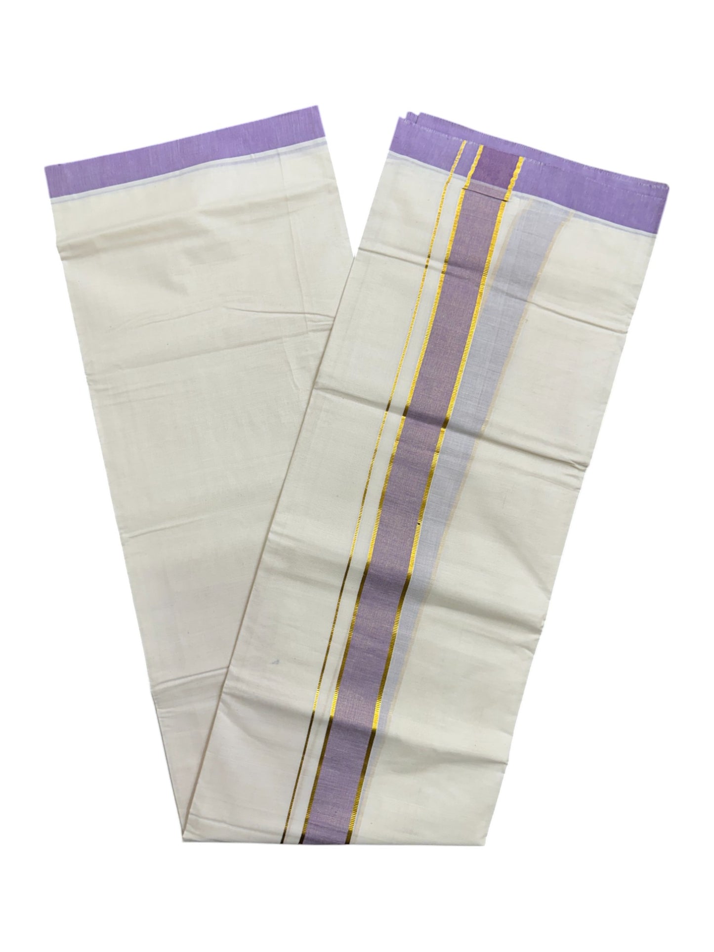 Pure Cotton Off White Double Mundu with Kasavu and Lavender Kara (South Indian Kerala Dhoti)