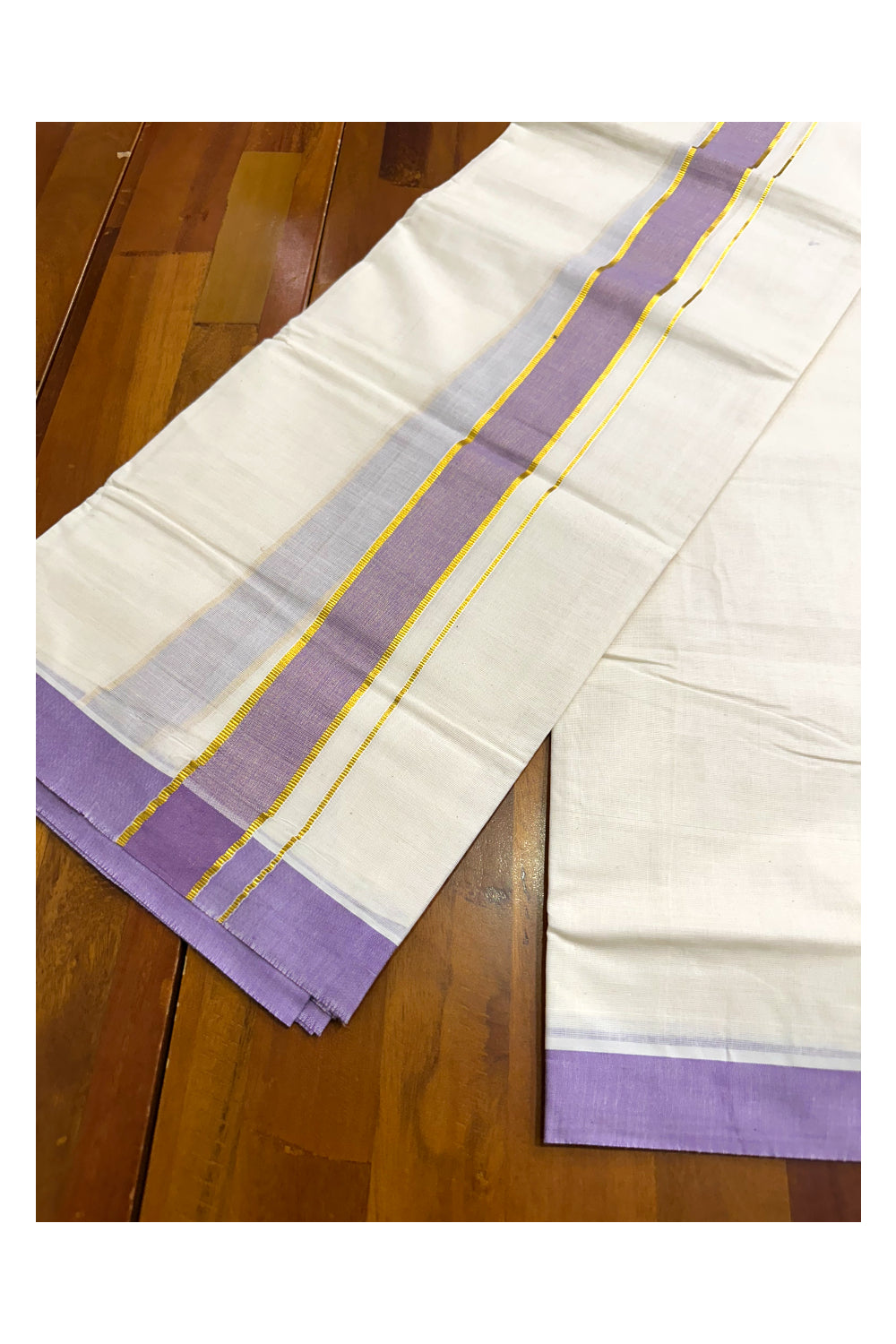 Pure Cotton Off White Double Mundu with Kasavu and Lavender Kara (South Indian Kerala Dhoti)