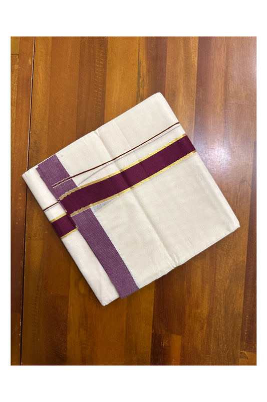 Pure Cotton Off White Double Mundu with Kasavu and Maroon Kara (South Indian Kerala Dhoti)