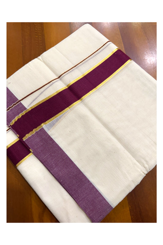 Pure Cotton Off White Double Mundu with Kasavu and Maroon Kara (South Indian Kerala Dhoti)