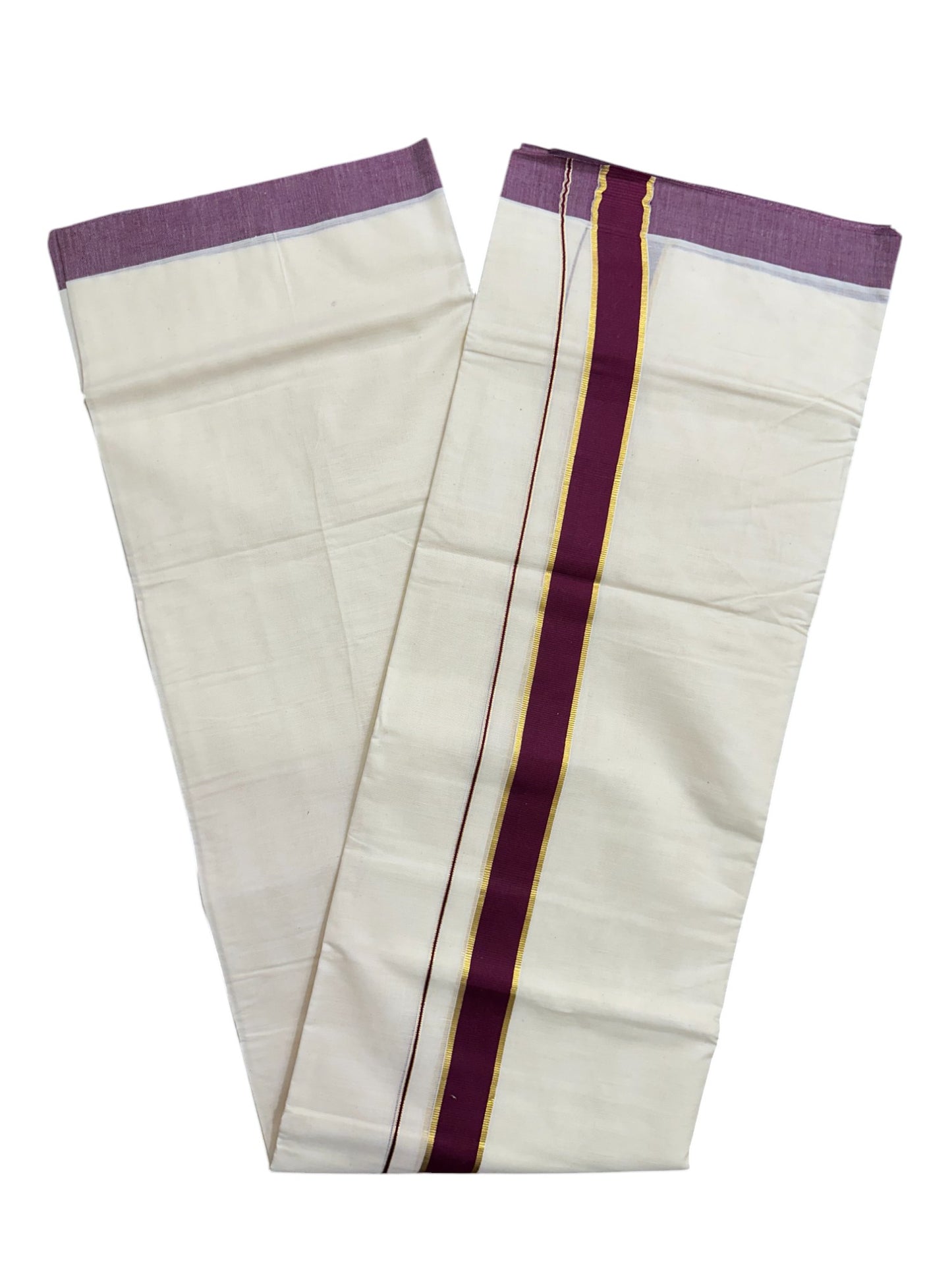 Pure Cotton Off White Double Mundu with Kasavu and Maroon Kara (South Indian Kerala Dhoti)