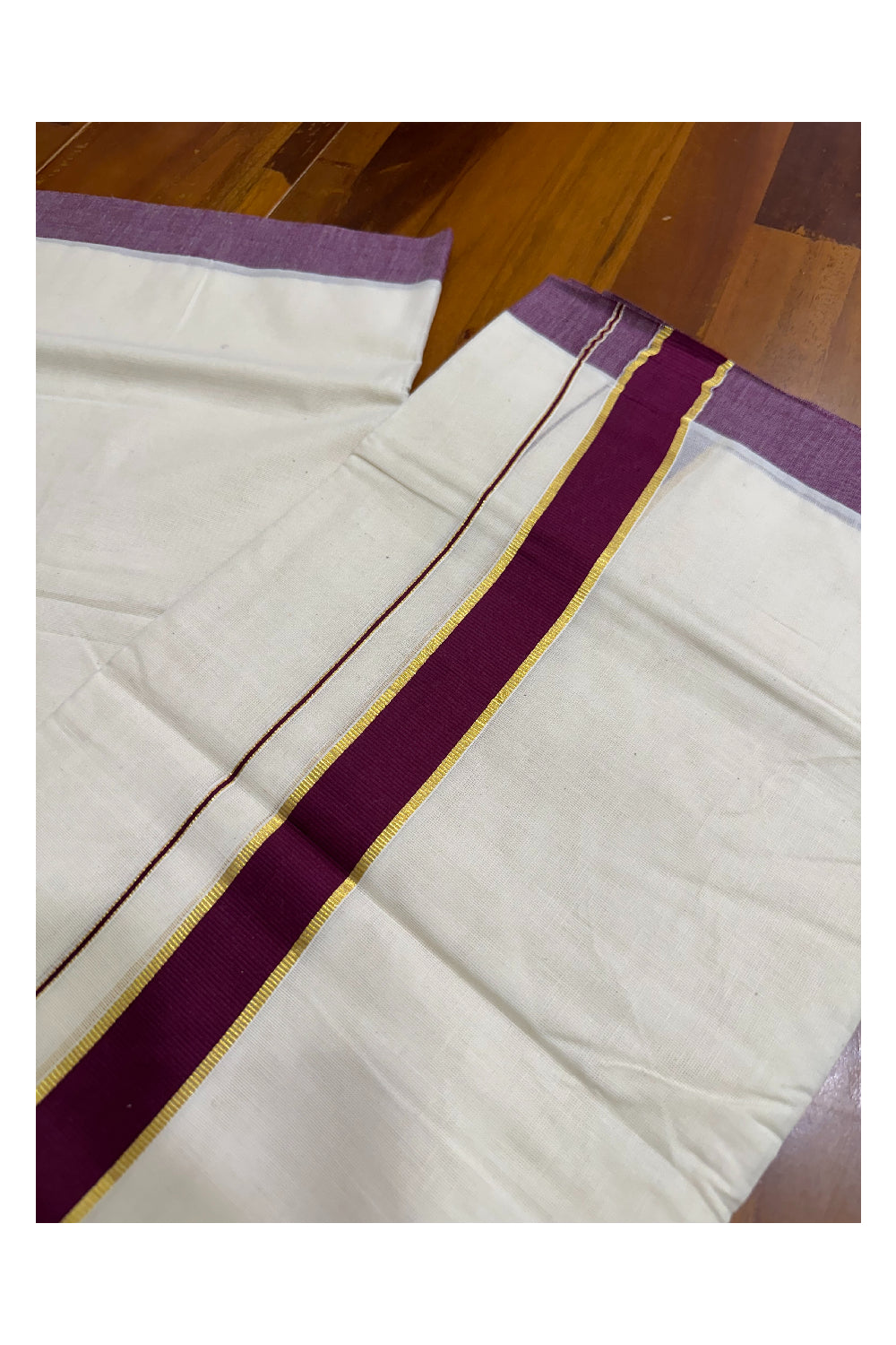 Pure Cotton Off White Double Mundu with Kasavu and Maroon Kara (South Indian Kerala Dhoti)