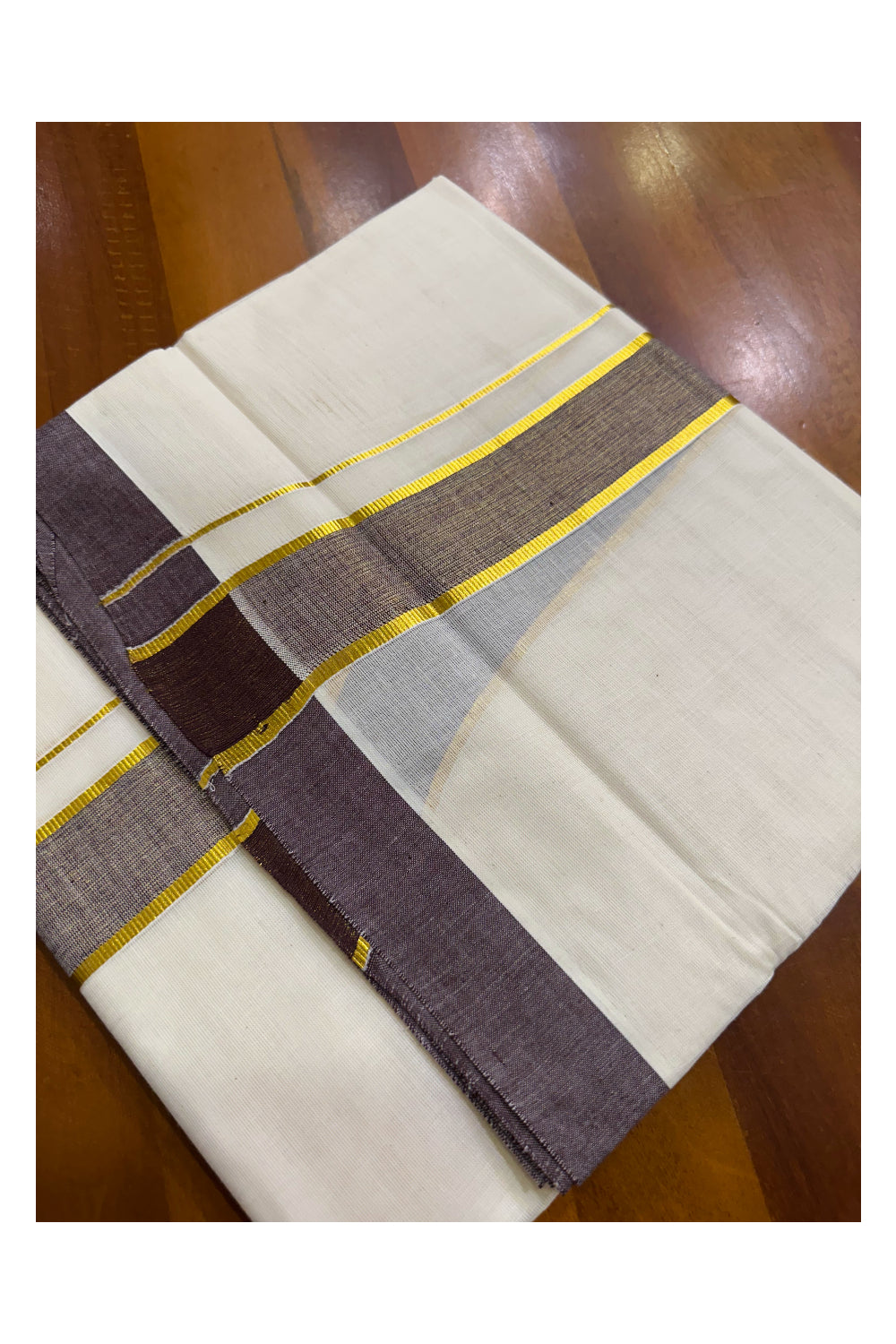 Pure Cotton Off White Double Mundu with Kasavu and Brown Kara (South Indian Kerala Dhoti)