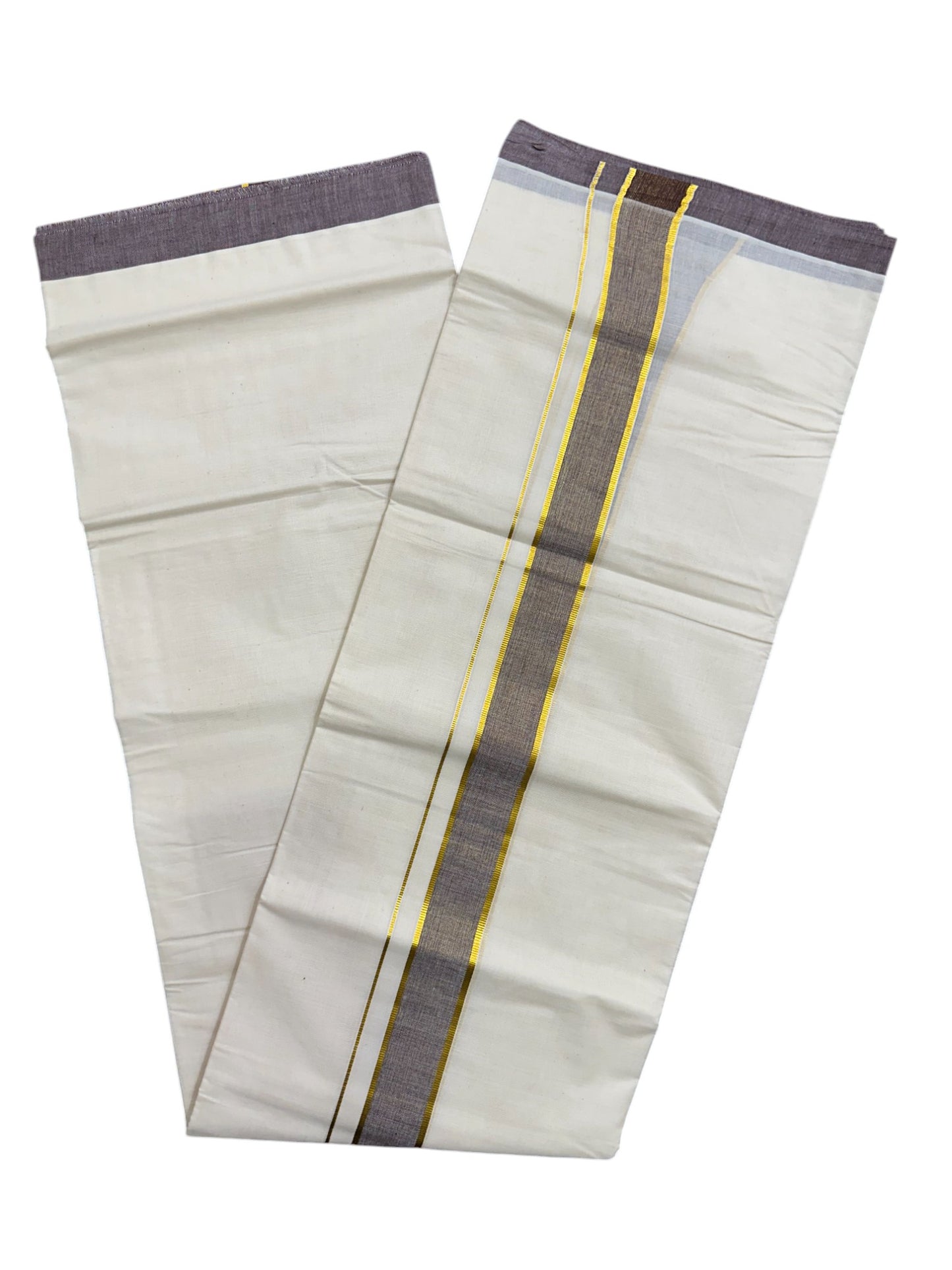 Pure Cotton Off White Double Mundu with Kasavu and Brown Kara (South Indian Kerala Dhoti)