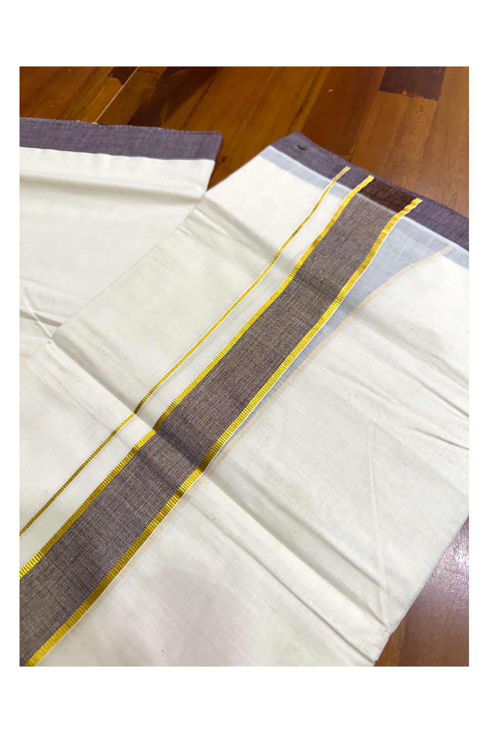 Pure Cotton Off White Double Mundu with Kasavu and Brown Kara (South Indian Kerala Dhoti)