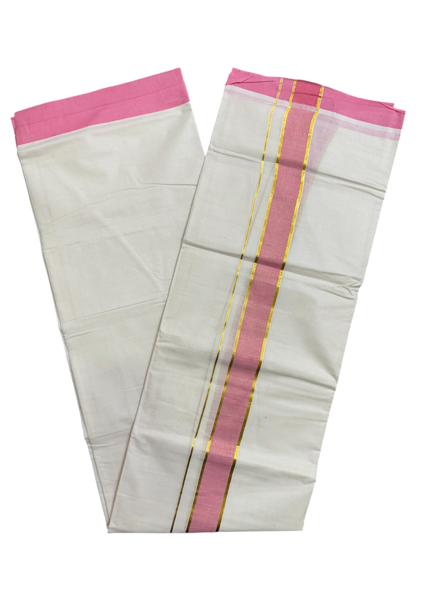 Pure Cotton Off White Double Mundu with Kasavu and Pink Kara (South Indian Kerala Dhoti)