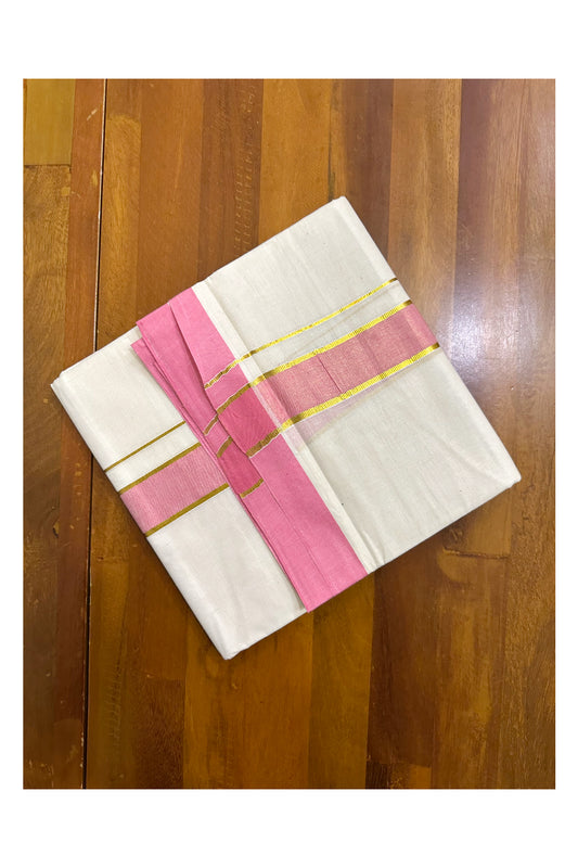 Pure Cotton Off White Double Mundu with Kasavu and Pink Kara (South Indian Kerala Dhoti)