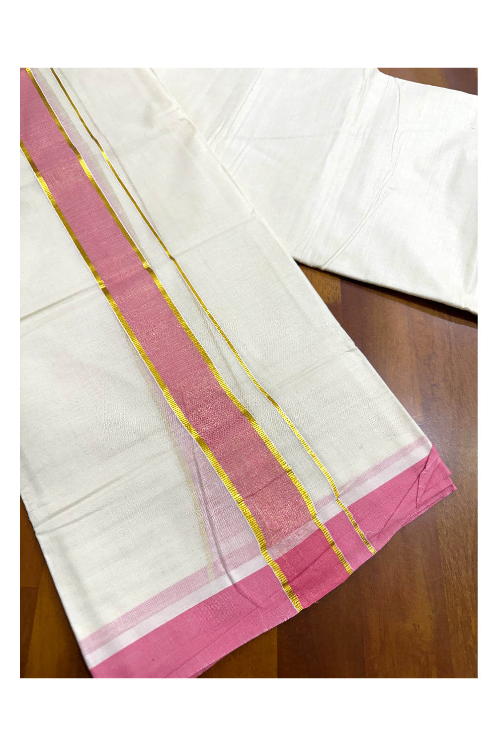 Pure Cotton Off White Double Mundu with Kasavu and Pink Kara (South Indian Kerala Dhoti)