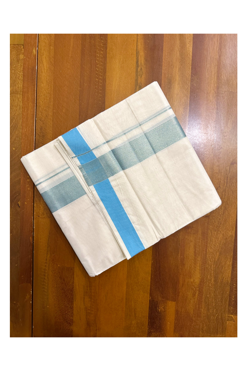 Kerala Pure Cotton Double Mundu with Kasavu and Blue Kara (South Indian Kerala Dhoti)