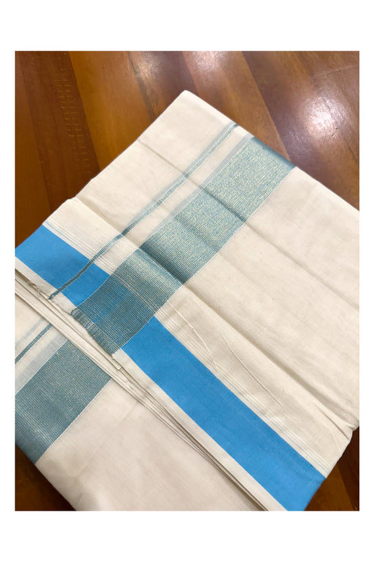 Kerala Pure Cotton Double Mundu with Kasavu and Blue Kara (South Indian Kerala Dhoti)