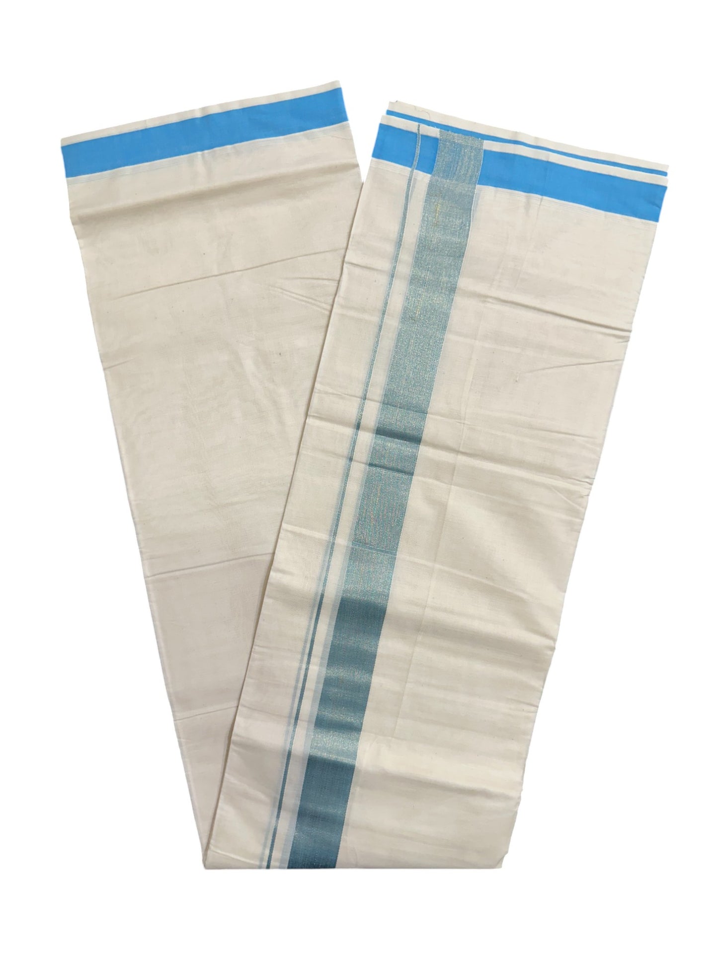 Kerala Pure Cotton Double Mundu with Kasavu and Blue Kara (South Indian Kerala Dhoti)