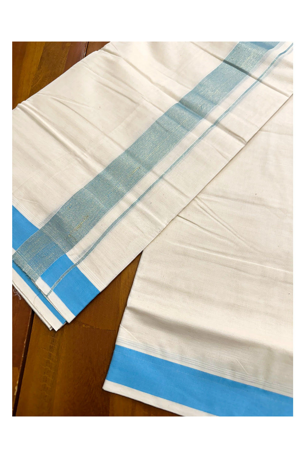 Kerala Pure Cotton Double Mundu with Kasavu and Blue Kara (South Indian Kerala Dhoti)