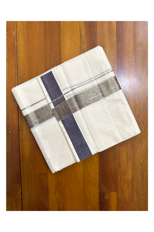 Kerala Pure Cotton Double Mundu with Kasavu and Violet Kara (South Indian Kerala Dhoti)