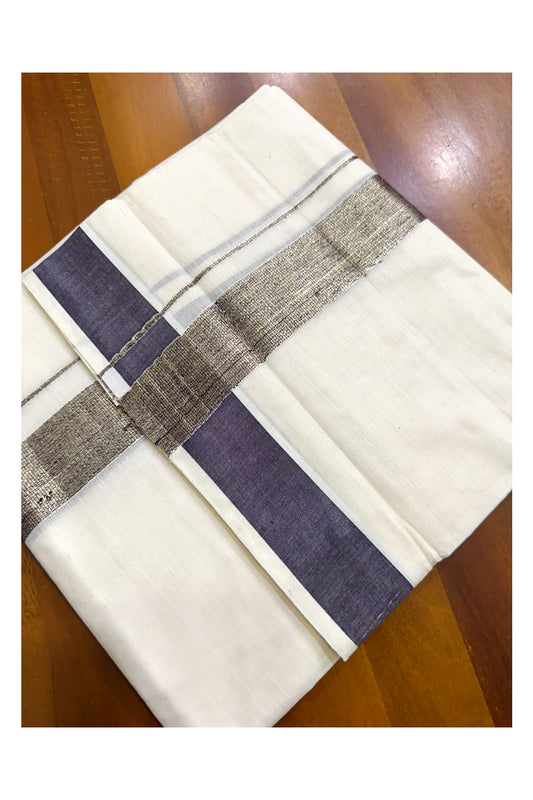 Kerala Pure Cotton Double Mundu with Kasavu and Violet Kara (South Indian Kerala Dhoti)