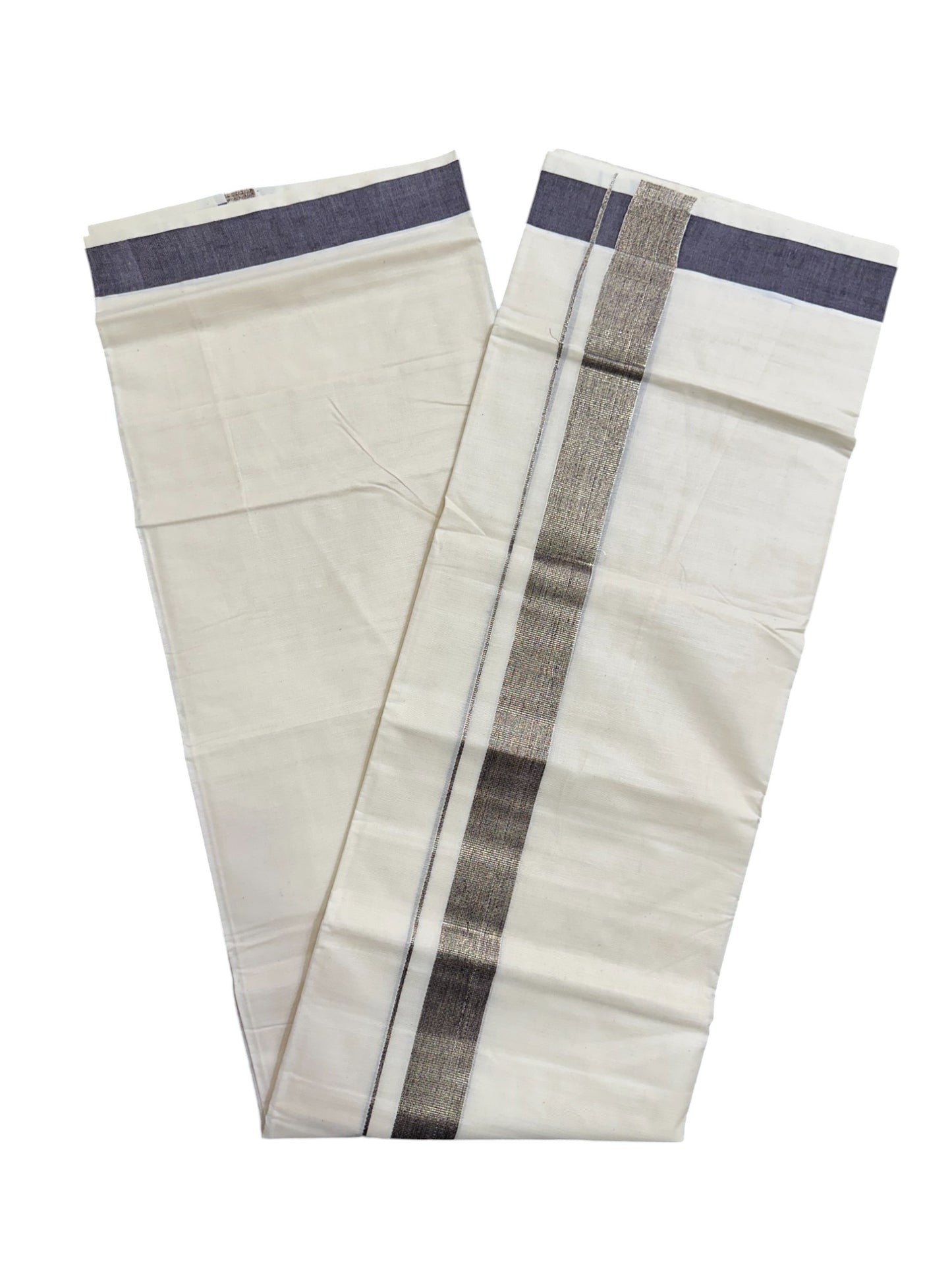 Kerala Pure Cotton Double Mundu with Kasavu and Violet Kara (South Indian Kerala Dhoti)