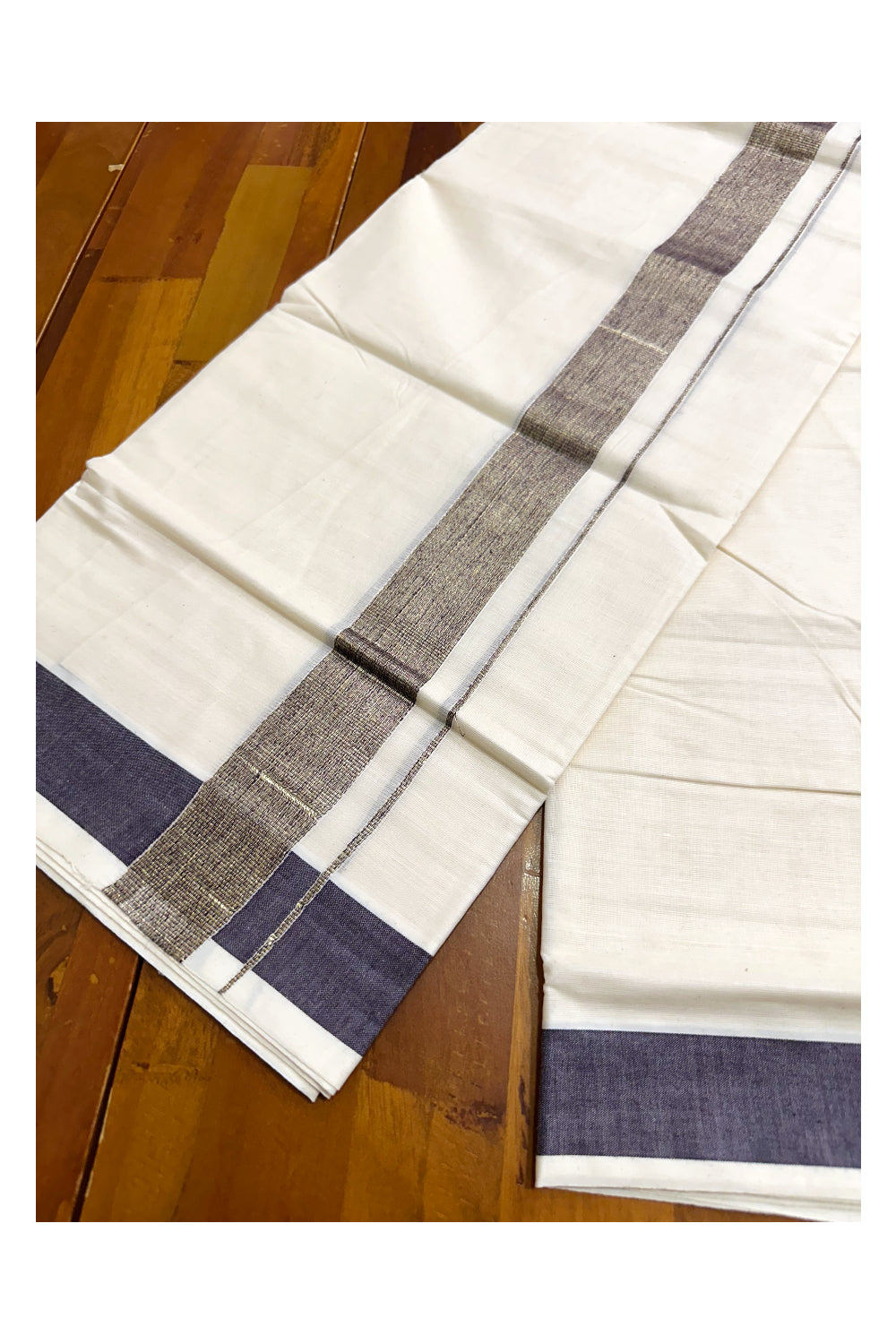 Kerala Pure Cotton Double Mundu with Kasavu and Violet Kara (South Indian Kerala Dhoti)