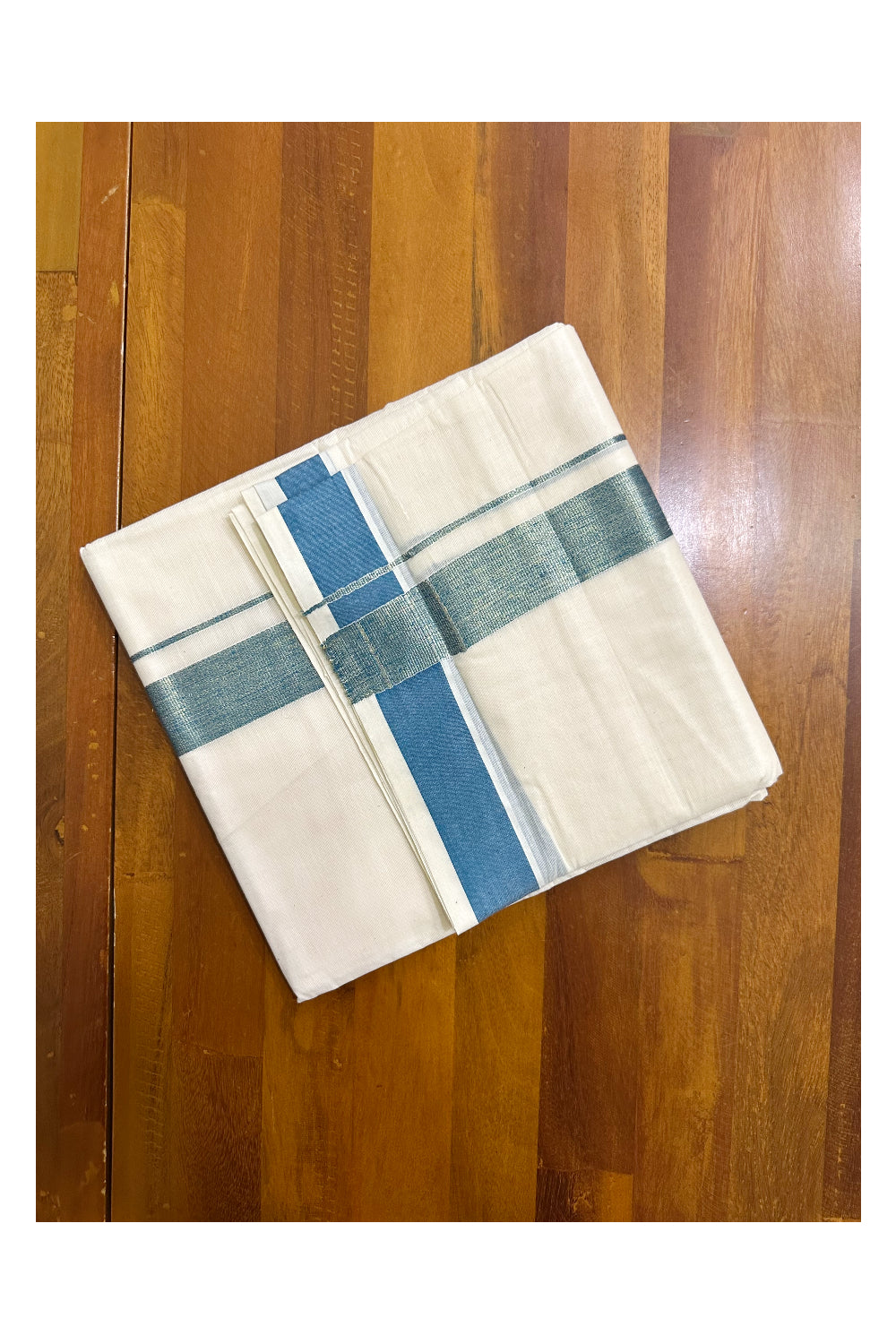 Kerala Pure Cotton Double Mundu with Kasavu and Blue Kara (South Indian Kerala Dhoti)