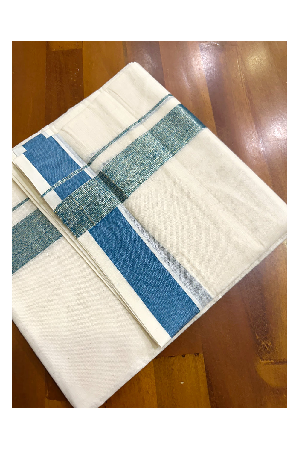 Kerala Pure Cotton Double Mundu with Kasavu and Blue Kara (South Indian Kerala Dhoti)