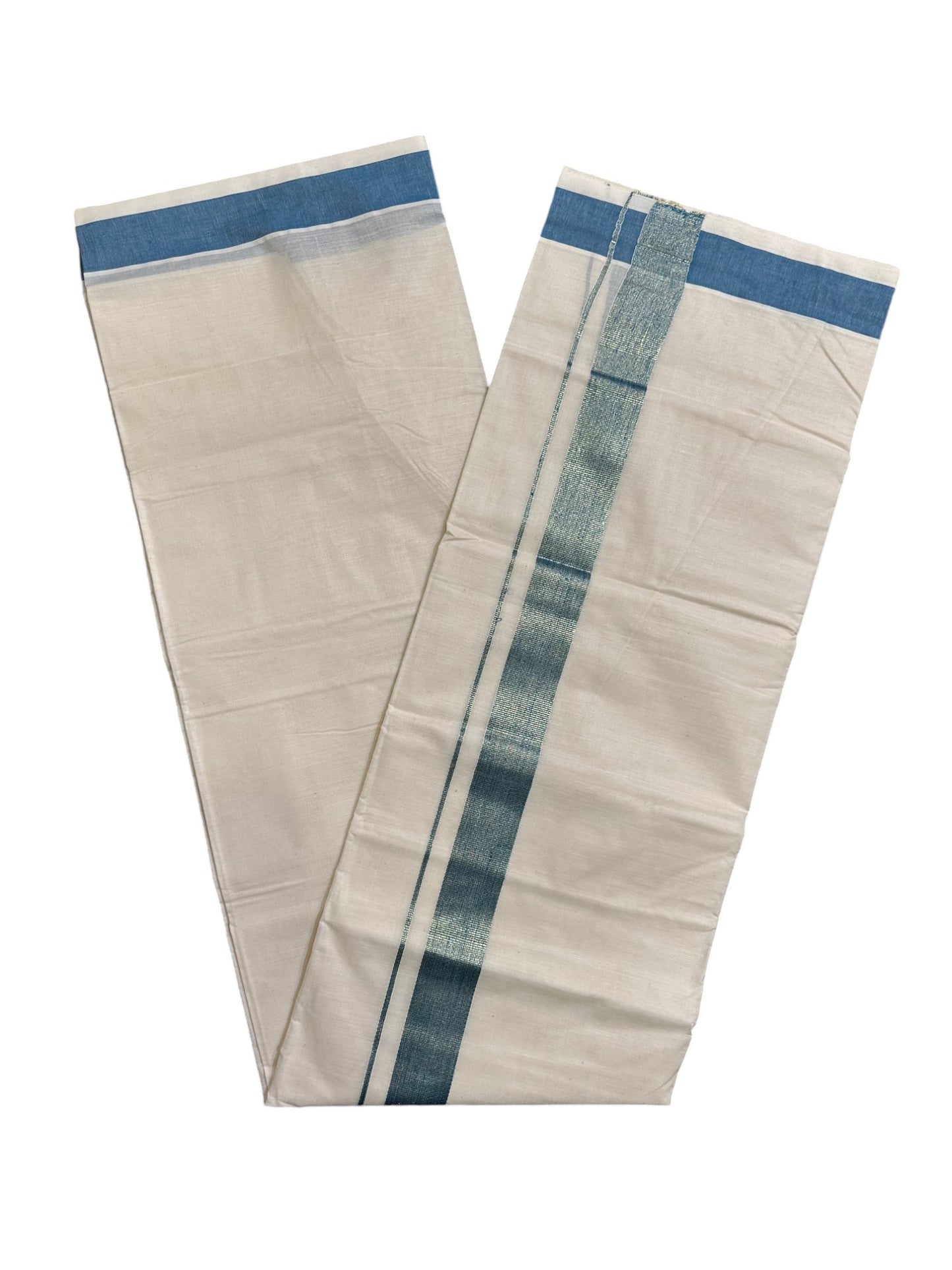 Kerala Pure Cotton Double Mundu with Kasavu and Blue Kara (South Indian Kerala Dhoti)