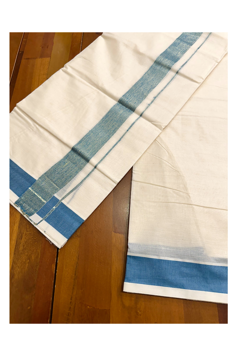 Kerala Pure Cotton Double Mundu with Kasavu and Blue Kara (South Indian Kerala Dhoti)