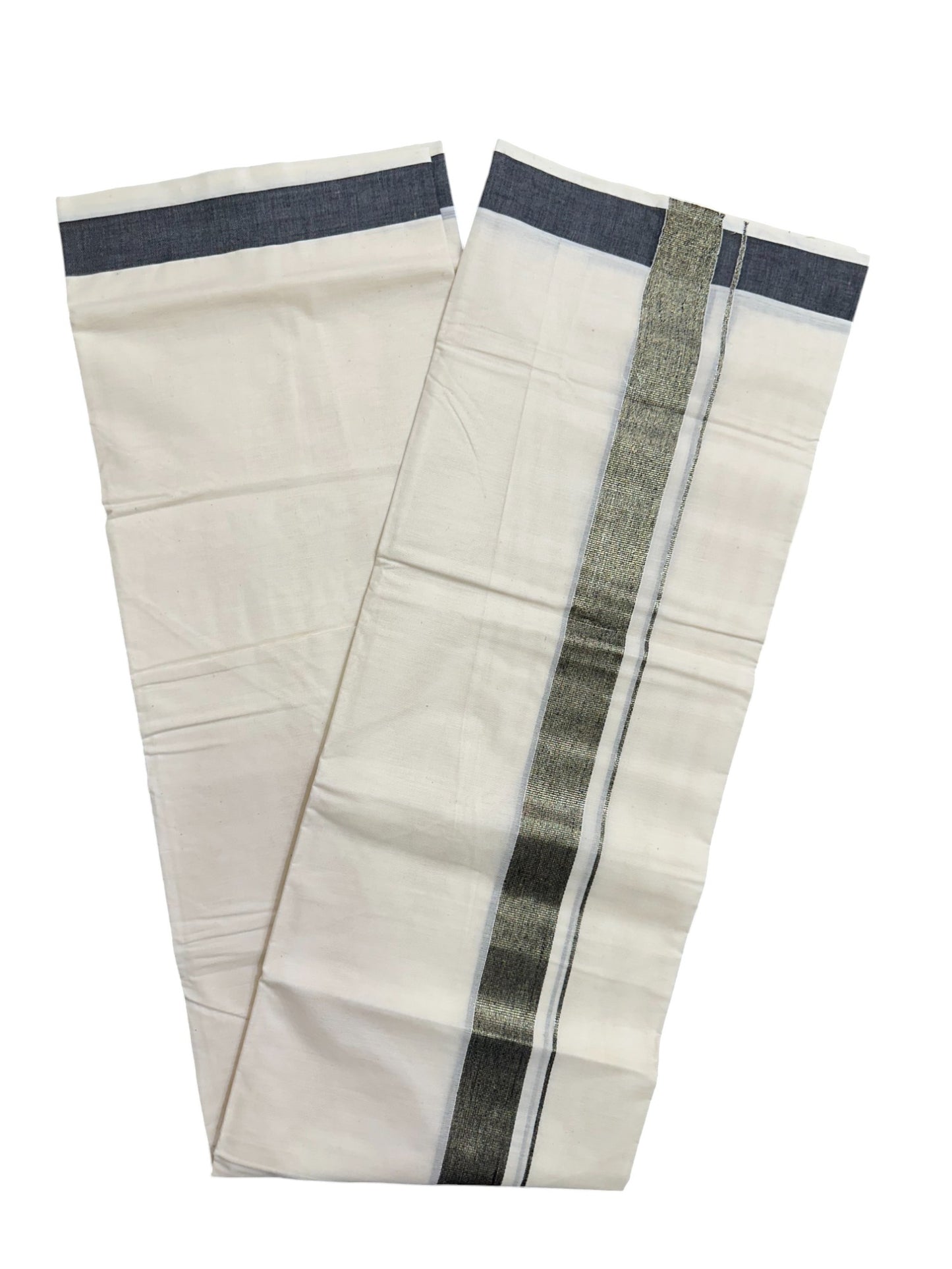 Kerala Pure Cotton Double Mundu with Kasavu and Black Kara (South Indian Kerala Dhoti)