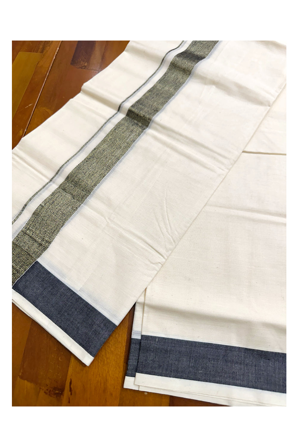 Kerala Pure Cotton Double Mundu with Kasavu and Black Kara (South Indian Kerala Dhoti)