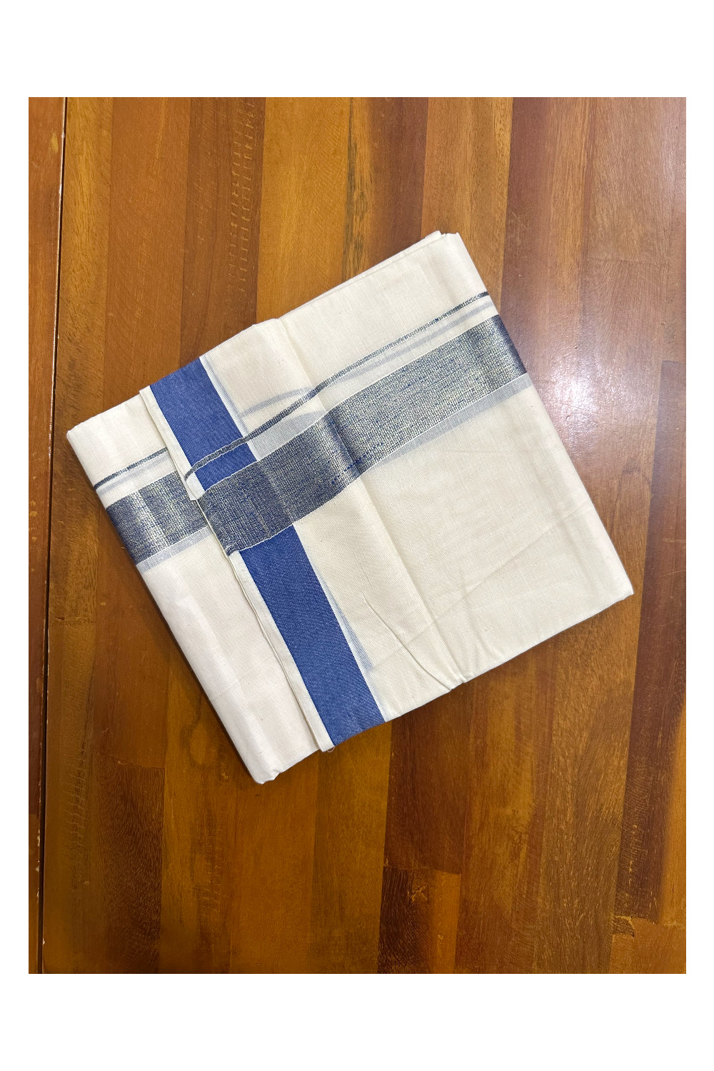 Kerala Pure Cotton Double Mundu with Kasavu and Blue Kara (South Indian Kerala Dhoti)