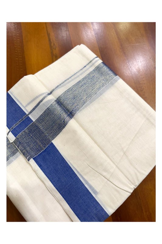 Kerala Pure Cotton Double Mundu with Kasavu and Blue Kara (South Indian Kerala Dhoti)