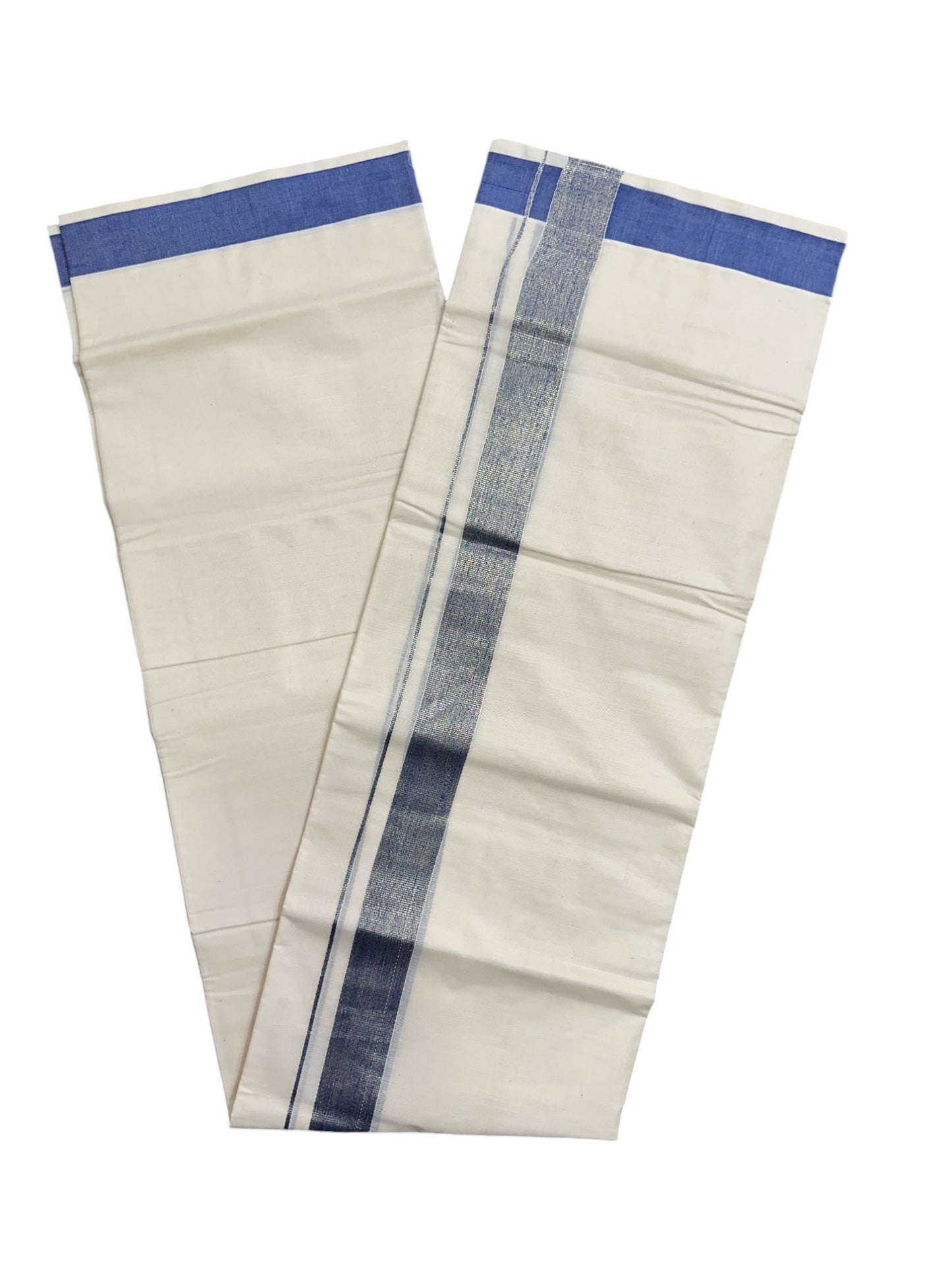 Kerala Pure Cotton Double Mundu with Kasavu and Blue Kara (South Indian Kerala Dhoti)