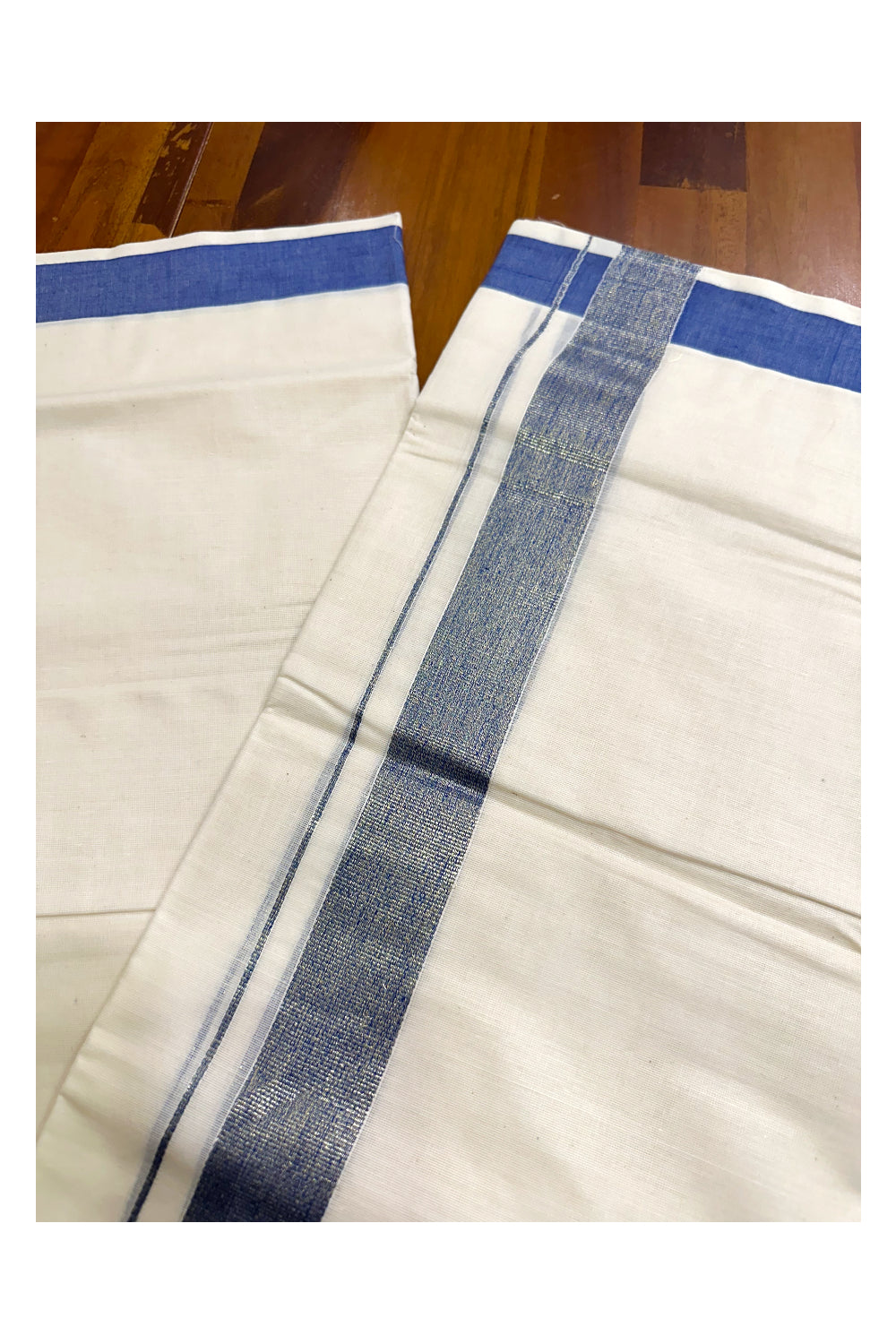 Kerala Pure Cotton Double Mundu with Kasavu and Blue Kara (South Indian Kerala Dhoti)