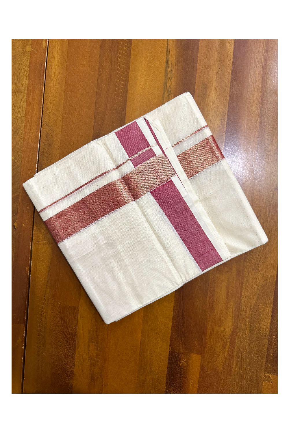 Kerala Pure Cotton Double Mundu with Kasavu and Red Kara (South Indian Kerala Dhoti)