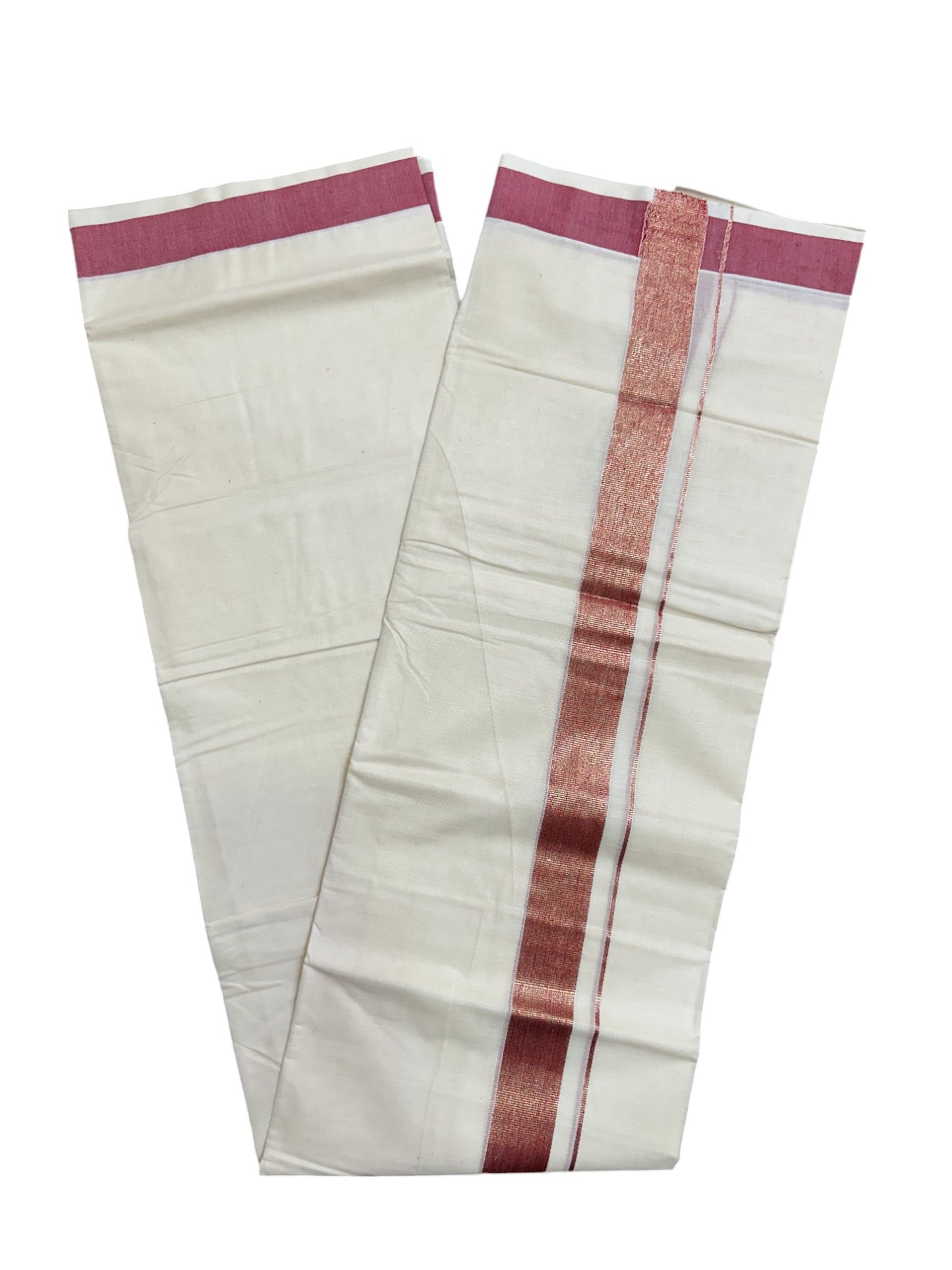 Kerala Pure Cotton Double Mundu with Kasavu and Red Kara (South Indian Kerala Dhoti)