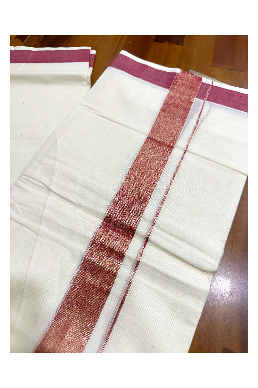 Kerala Pure Cotton Double Mundu with Kasavu and Red Kara (South Indian Kerala Dhoti)