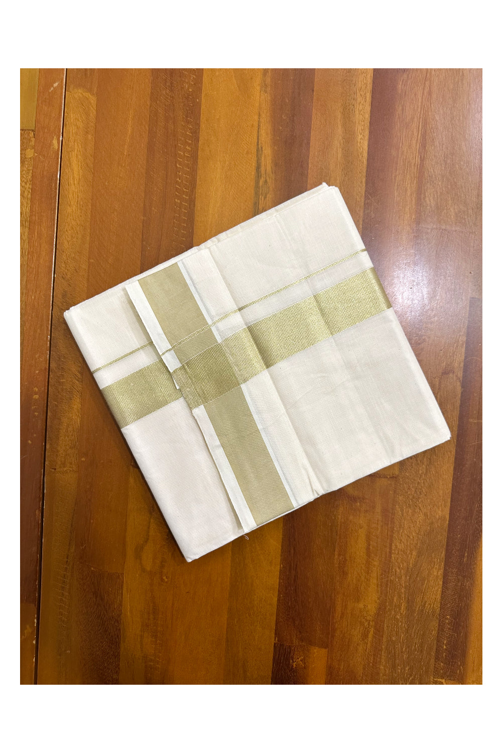 Kerala Pure Cotton Double Mundu with Kasavu and Green Kara (South Indian Kerala Dhoti)