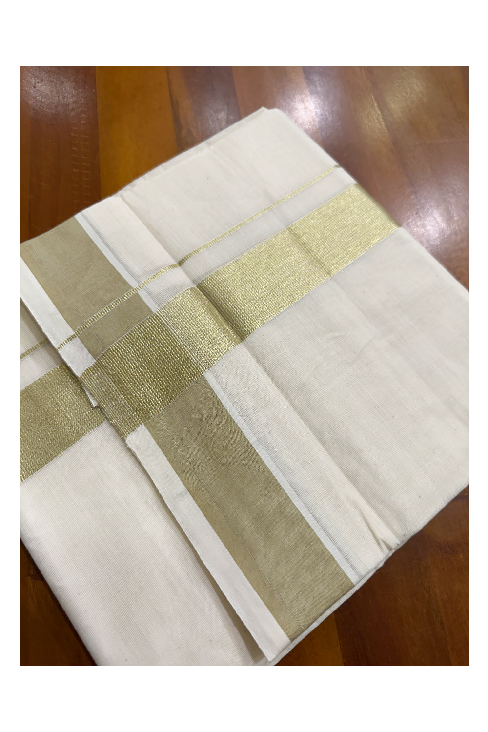 Kerala Pure Cotton Double Mundu with Kasavu and Green Kara (South Indian Kerala Dhoti)