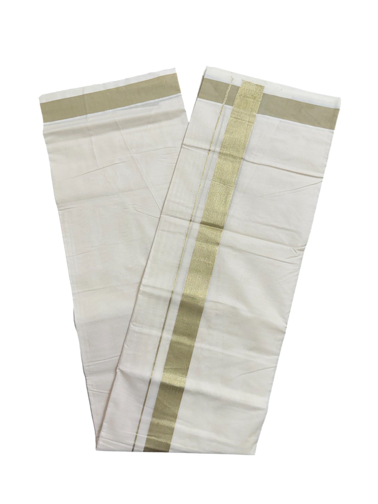 Kerala Pure Cotton Double Mundu with Kasavu and Green Kara (South Indian Kerala Dhoti)