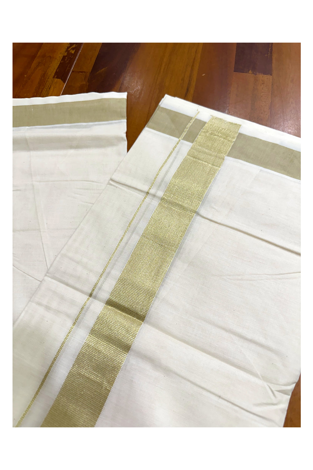 Kerala Pure Cotton Double Mundu with Kasavu and Green Kara (South Indian Kerala Dhoti)