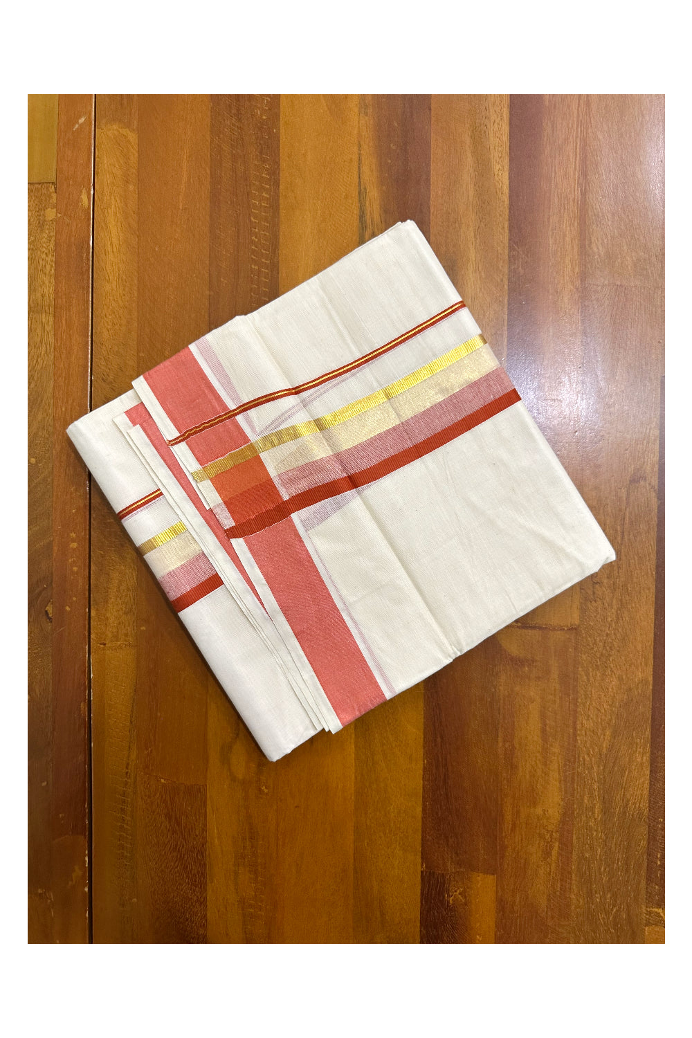 Off White Pure Cotton Double Mundu with Kasavu And Red Kara (South Indian Kerala Dhoti)