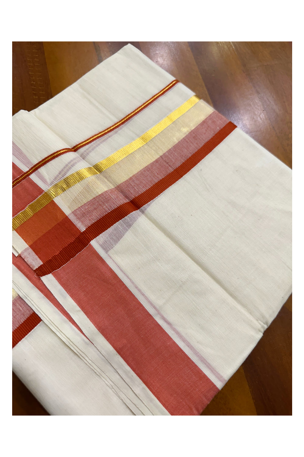 Off White Pure Cotton Double Mundu with Kasavu And Red Kara (South Indian Kerala Dhoti)