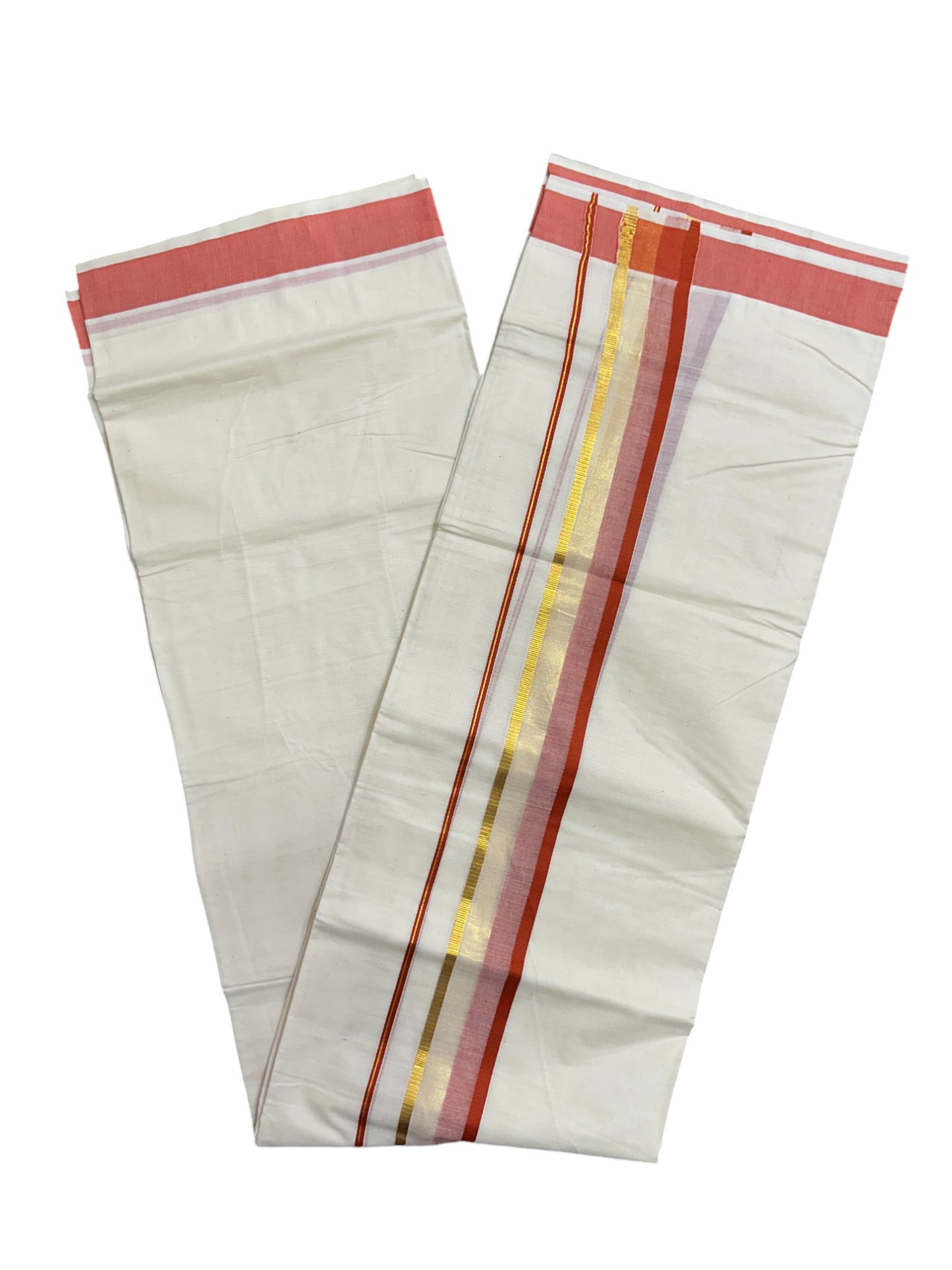 Off White Pure Cotton Double Mundu with Kasavu And Red Kara (South Indian Kerala Dhoti)