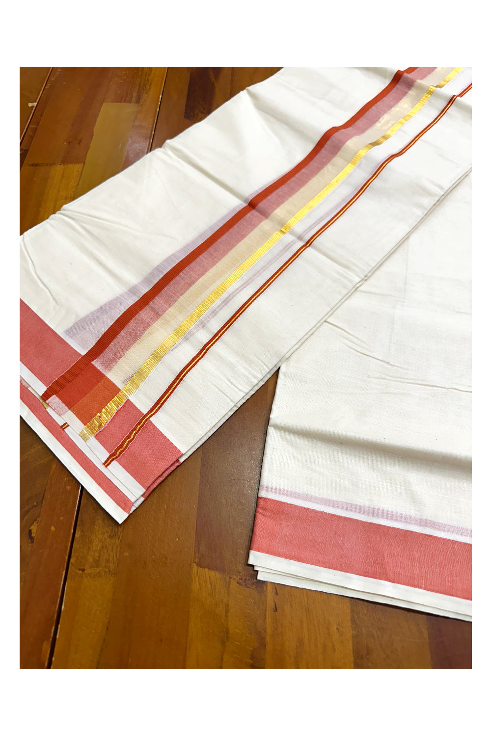 Off White Pure Cotton Double Mundu with Kasavu And Red Kara (South Indian Kerala Dhoti)