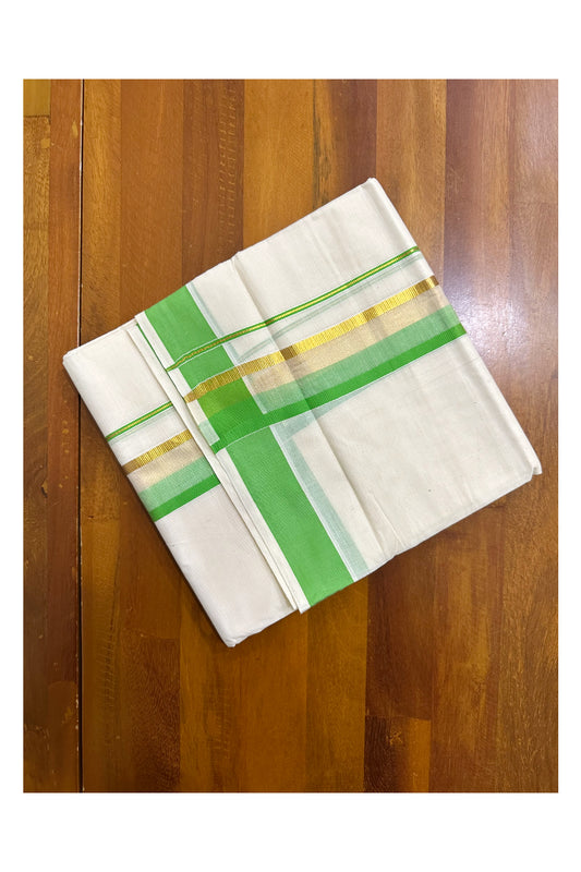 Off White Pure Cotton Double Mundu with Kasavu And Green Kara (South Indian Kerala Dhoti)