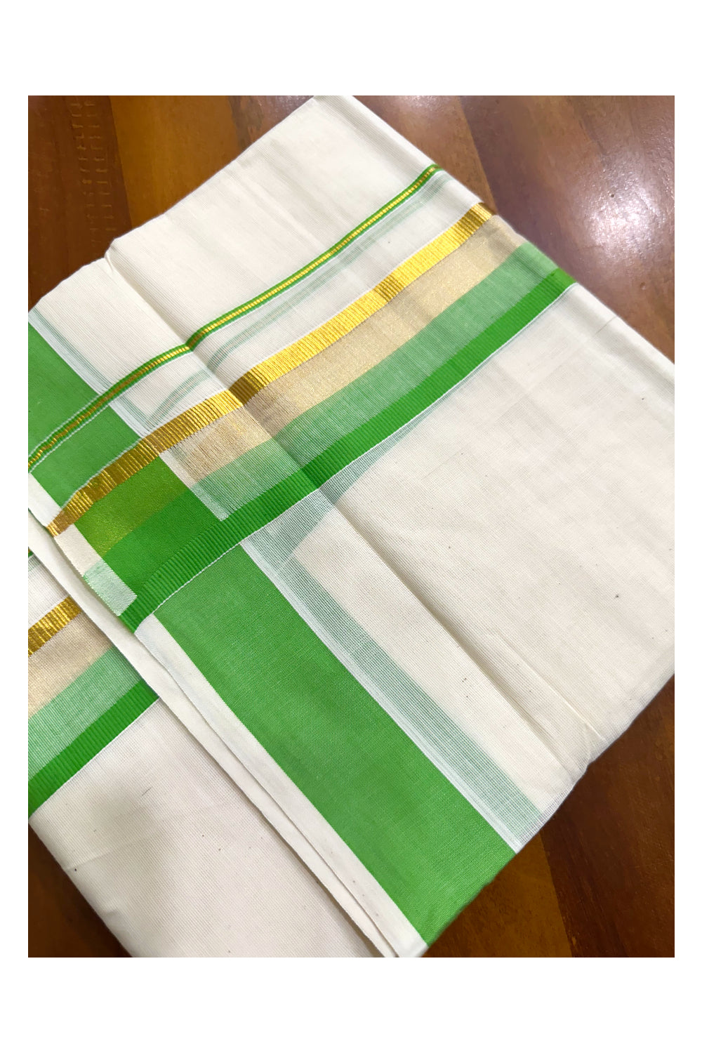 Off White Pure Cotton Double Mundu with Kasavu And Green Kara (South Indian Kerala Dhoti)