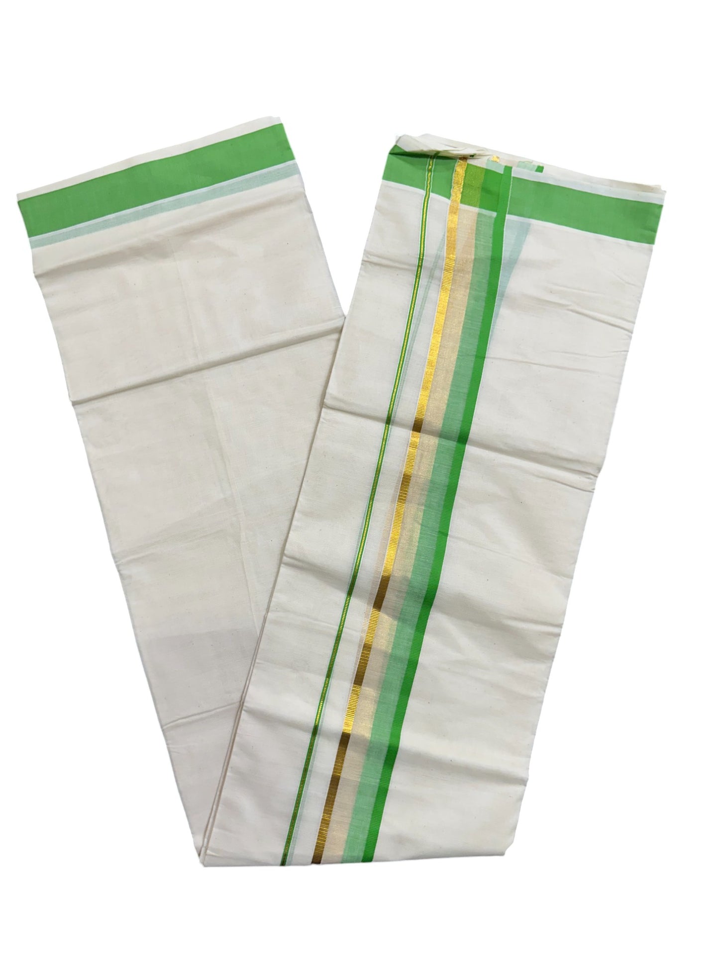 Off White Pure Cotton Double Mundu with Kasavu And Green Kara (South Indian Kerala Dhoti)