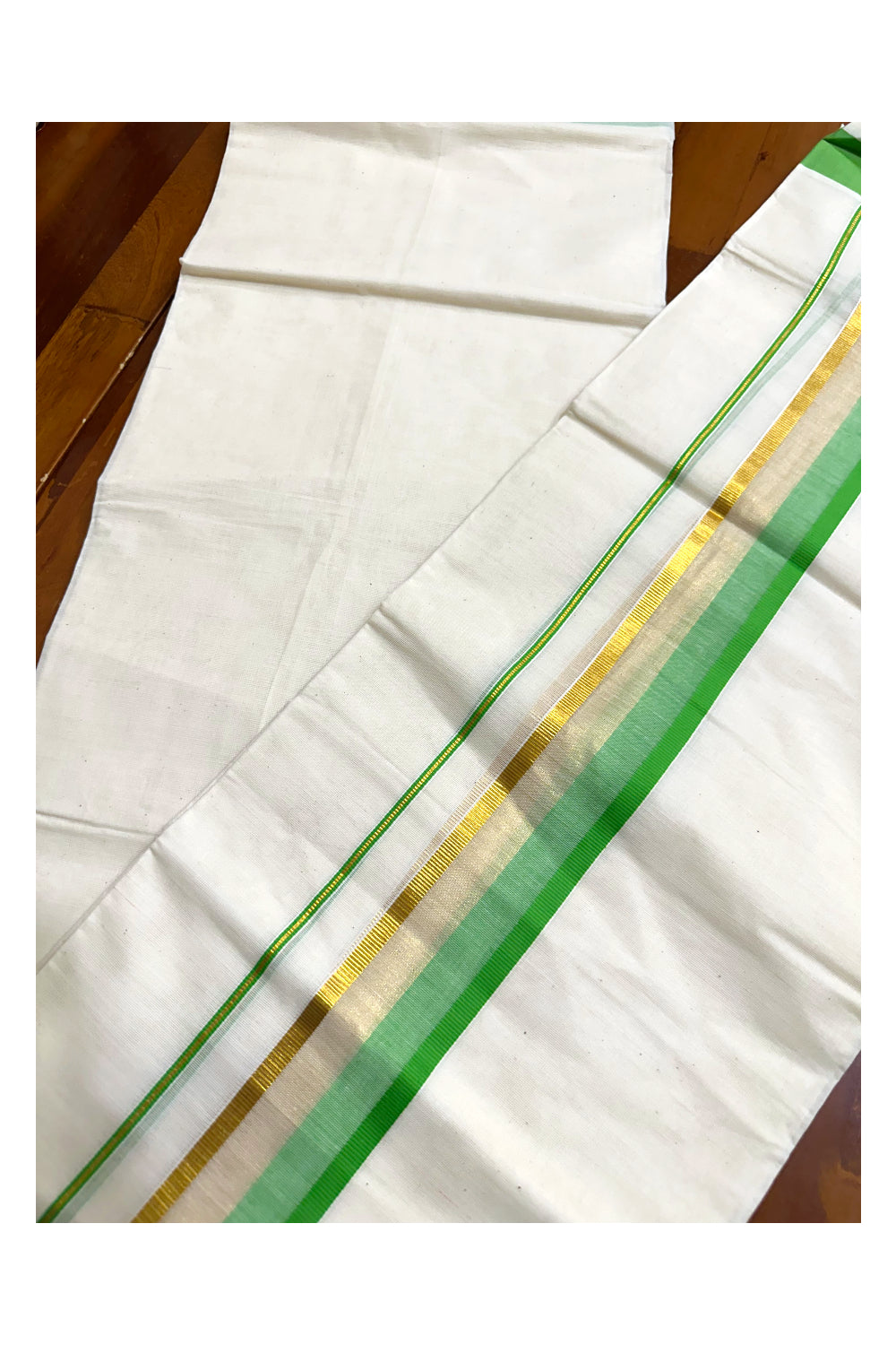 Off White Pure Cotton Double Mundu with Kasavu And Green Kara (South Indian Kerala Dhoti)