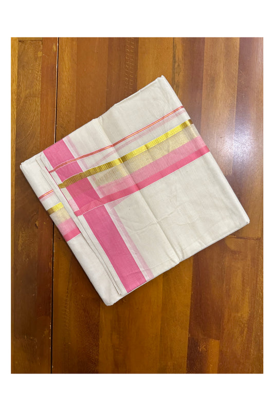 Off White Pure Cotton Double Mundu with Kasavu And Pink Kara (South Indian Kerala Dhoti)