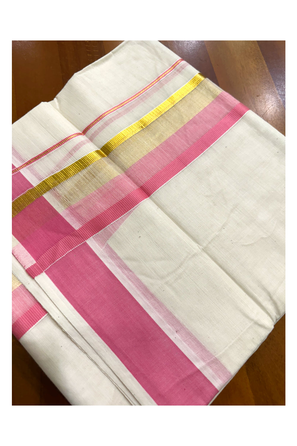 Off White Pure Cotton Double Mundu with Kasavu And Pink Kara (South Indian Kerala Dhoti)